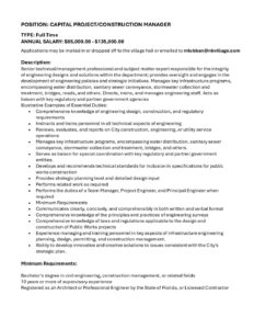 Capital Project Manager Position Examples Job Description-Capital Projects-Construnction Manager – North Bay Village